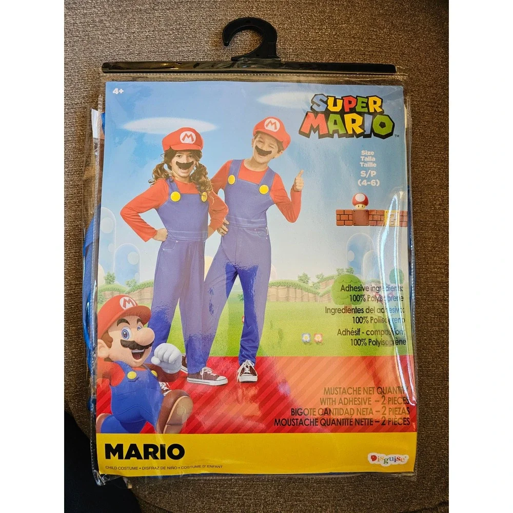 Kids Super Mario Brothers Jumpsuit‎ Costume Hat S 4-6 Mustache Disguise Dress Up